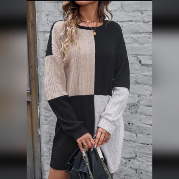 🌷LAST TWO!!  Black Ribbed Color Block Drop Shoulder Long Sleeve Mini Dress - Picture 7 of 8